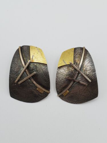 Artist Signed Sterling Silver & 22kt Gold Modernist Style Earrings Large Pierced