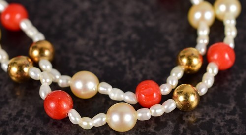 19" VTG Mid-Century Pearls & Red Coral 14K Gold Over Sterling Silver Necklace - Picture 10 of 10