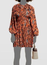 $695 Ulla Johnson Women's Orange Silk Sefia Long-Sleeve Mini Dress Size 0