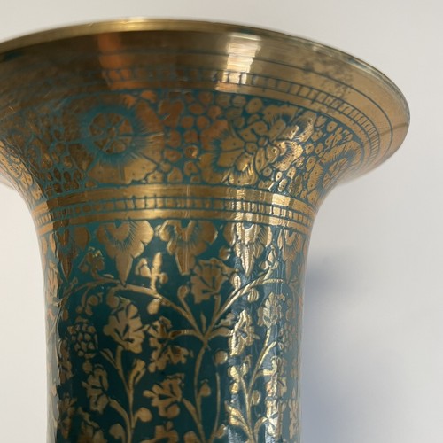 Vintage Brass and Enamel Etched Vase 10" Floral India 1950s - Picture 4 of 7