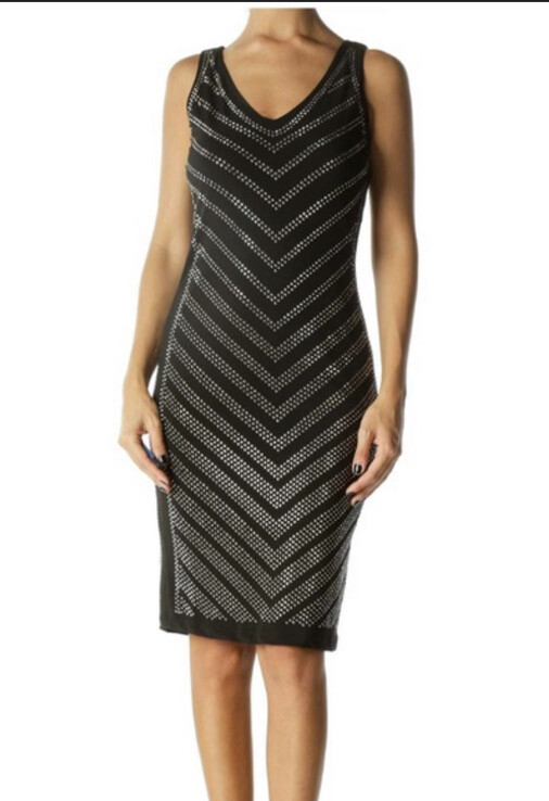 Carmen Marc Valvo Black Sheath Dress with Bronze Sparkles Sz Small GORGEOUS