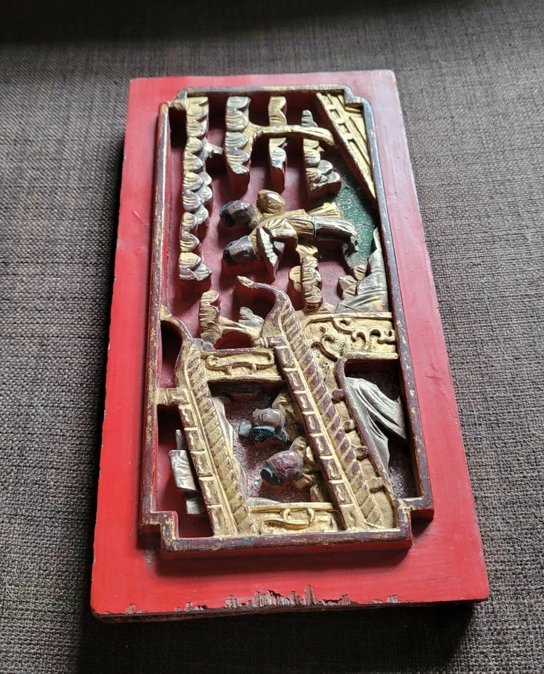 Antique Chinese Carved Red Gilt Painted Wood Panel - Image 3 of 4
