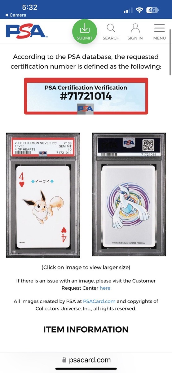 POP 2 PSA 10 Eevee 133 Lugia Deck Poker Card Pokemon POP 2 PSA 10 Eevee 133 Lugia Deck Poker Card Pokemon