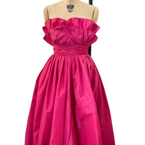 VICTOR COSTA Dress Magenta Strapless Party Gown Sz 4 Neiman Marcus Vtg Taffeta - Picture 2 of 11