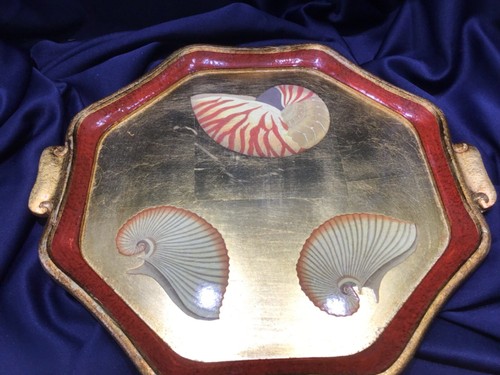 VIETRI FLORENTINE GOLD lacquer WOOD TRAY nautilus shell motif HANDLES beautiful! - Picture 11 of 12