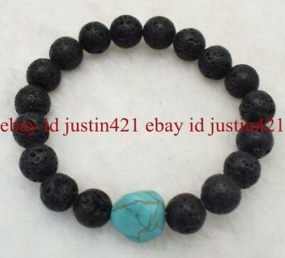 Natural 10mm Black Volcanic Lava Rock & Blue Turquoise Elastic Bracelet 7.5''