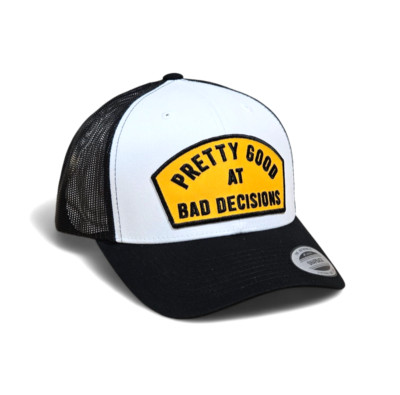 BLACK  & WHITE Trucker Hat YELLOW ''PRETTY GOOD ...'' EMBROIDERED TWILL PATCHNEW