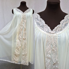 Vintage SHADOWLINE Yellow Nylon Chiffon Lace Nightgown Nightie - Size M - EUC