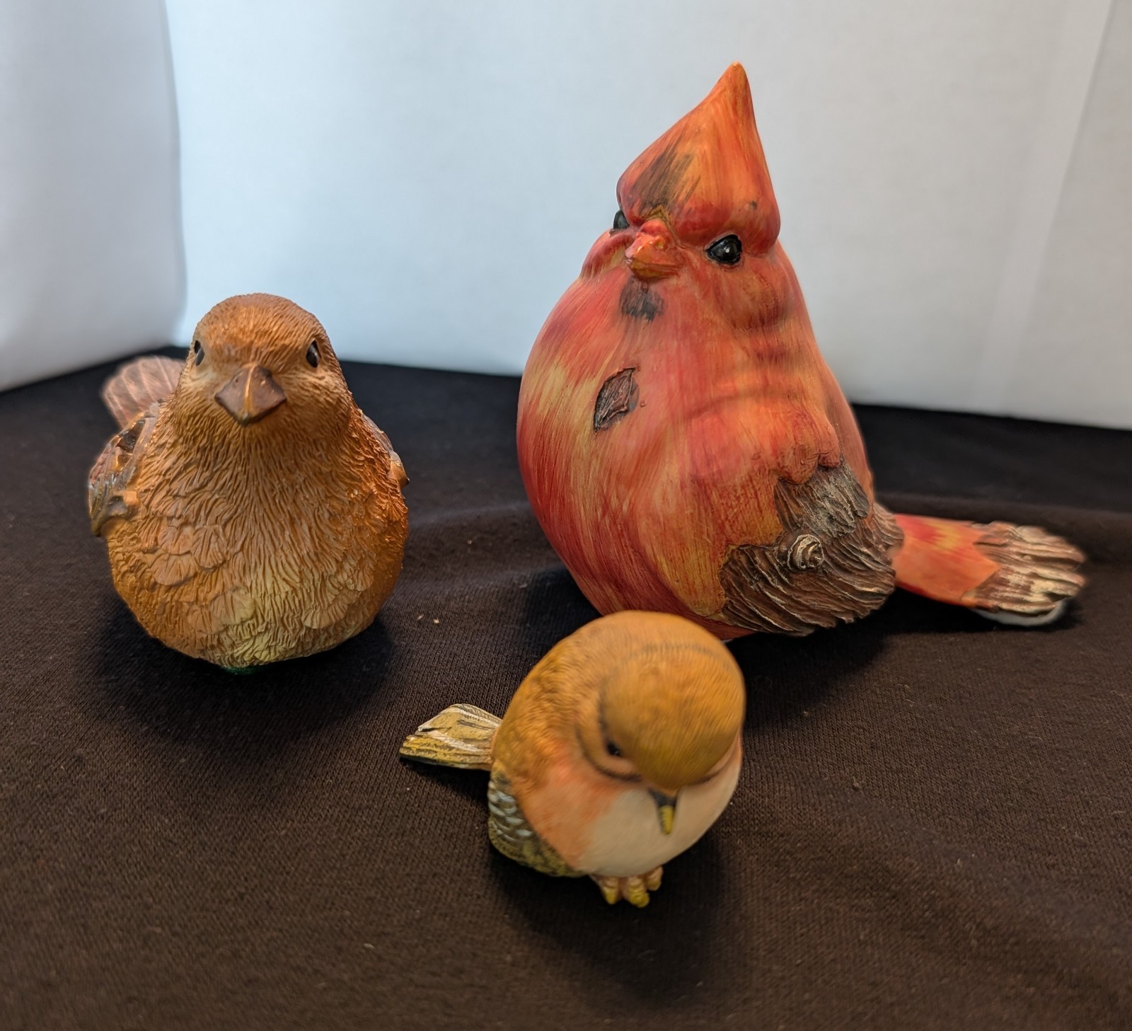 Set of 3 Small Resin Bird Figurines, Cardinal, Chick-a-dee, Ganz w/cutout