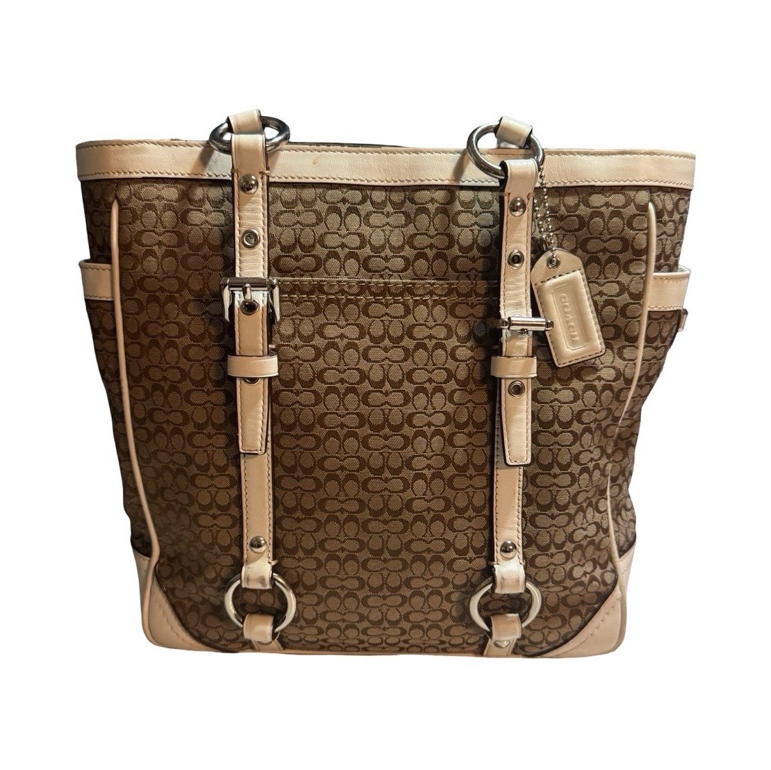 Coach Signature Brown Beige Tote Zip Turn Lock Silver Hardware Charm Tag