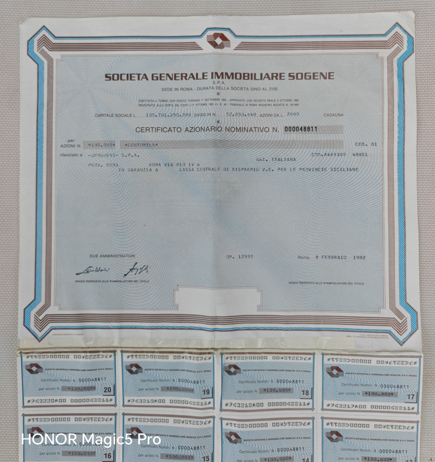 SOGENE/ Soc. Gen. Immobiliare Certificato da 100.000 Azioni_ Roma, 8 Feb. 1982