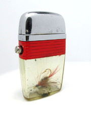 Nice Vintage 1960 Scripto VU Lighter Red Band w Fly Fishing Lure - Fast Ship!