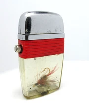 Nice Vintage 1960 Scripto VU Lighter Red Band w Fly Fishing Lure - Fast Ship!