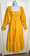 Farm Rio Golden Yellow 3D Pineapple Dress, Tiered w/Balloon Sleeves- Small