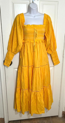 Farm Rio Golden Yellow 3D Pineapple Dress, Tiered w/Balloon Sleeves- Small