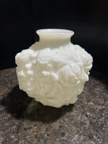 Vintage Imperial Glass Milk Glass La Bella Rose Flower Vase Round High Relief