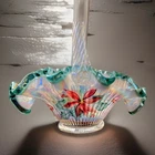 Fenton Green Crested Opalescent Iridescent Basket With Poinsettas
