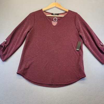 CURE Rose Gold Blush Metallic Sparkle Blouse Keyhole Rhinestone Bling Luxe NWT