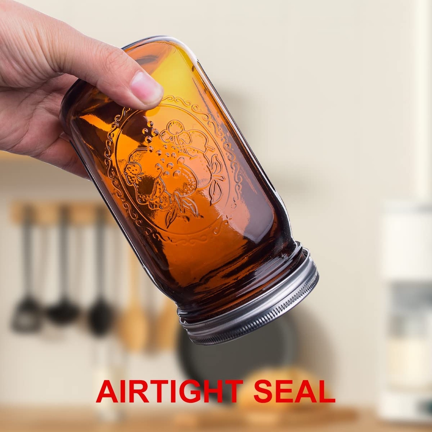 eleganttime Amber Glass Mason Jars 32 oz Wide Mouth with Airtight Lids and Ba...