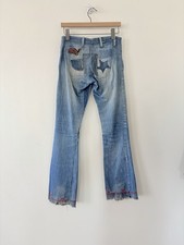Original 60s 70s Hand Patchwork Flare Bell Bottom Jeans Distress Repairs XS