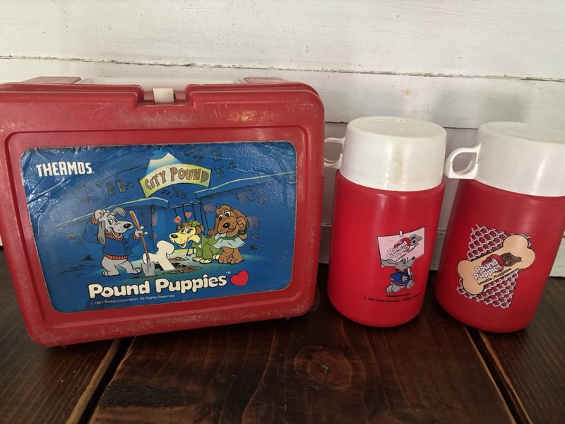 Pound Puppies Lunchbox Lunch Box Thermos Red Plastic Complete 1987 Vintage