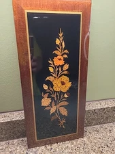 Glossy Floral Wooden Marquetry Inlay Flowers Wood Wall Art 6”x14” MCM Vtg