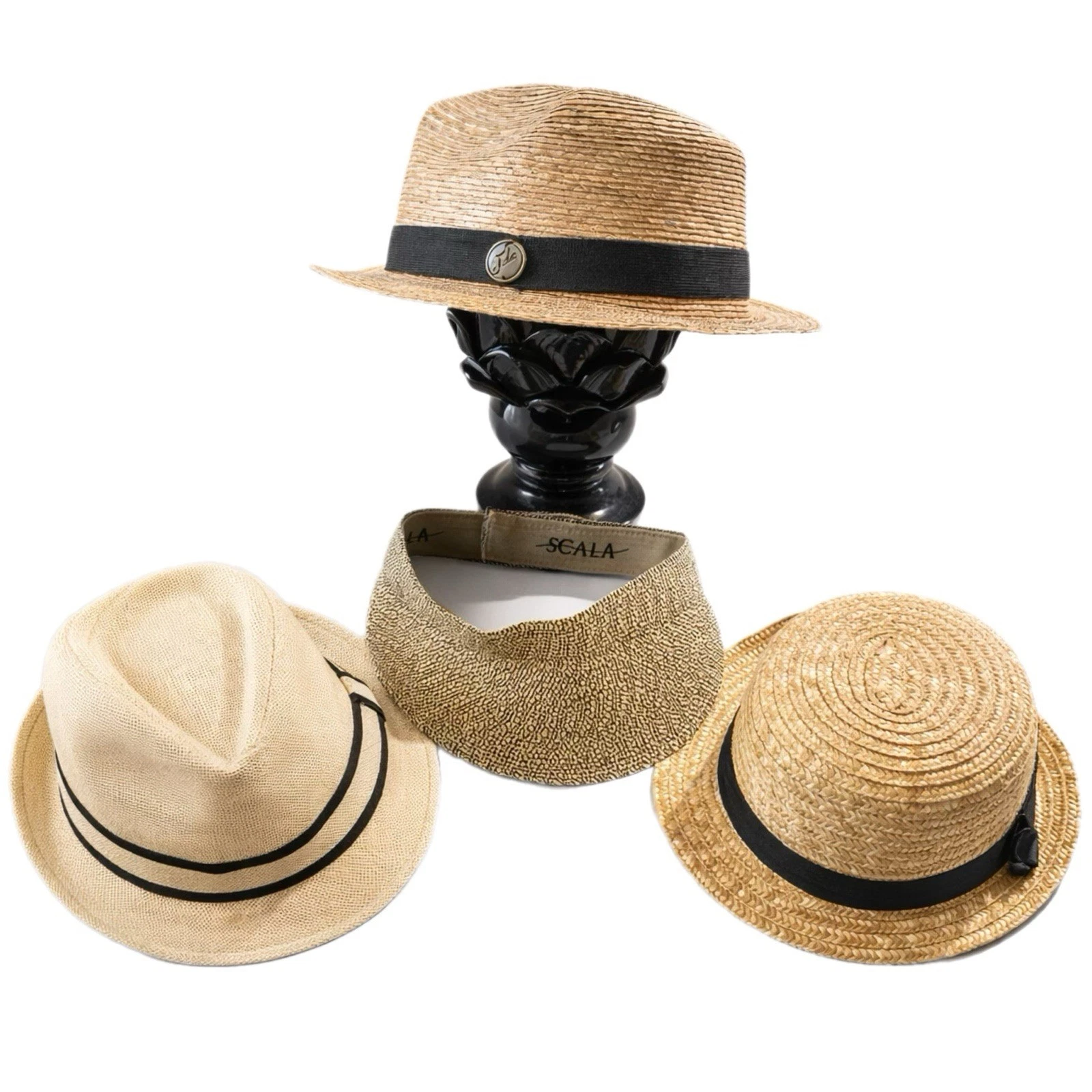 Summer Hats! Lot of 4 | Scala Straw Visor Tula Fedora Lulu’s Boater Paper Hat