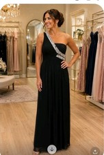 Black One Shoulder Rhinestone Embellished Ruched Mesh Evening Gown Maxi Dress