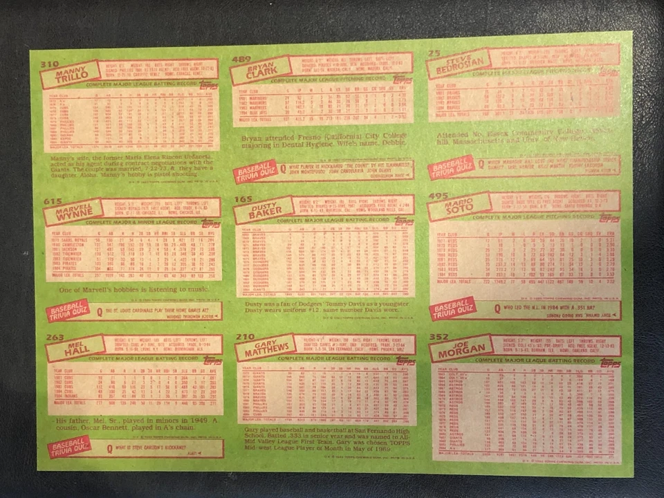 1985 Topps бейсбол РЕДКАЯ! Коллекционные карточки необрезанные 9 карт панель лист - Изображение 2 из 2
