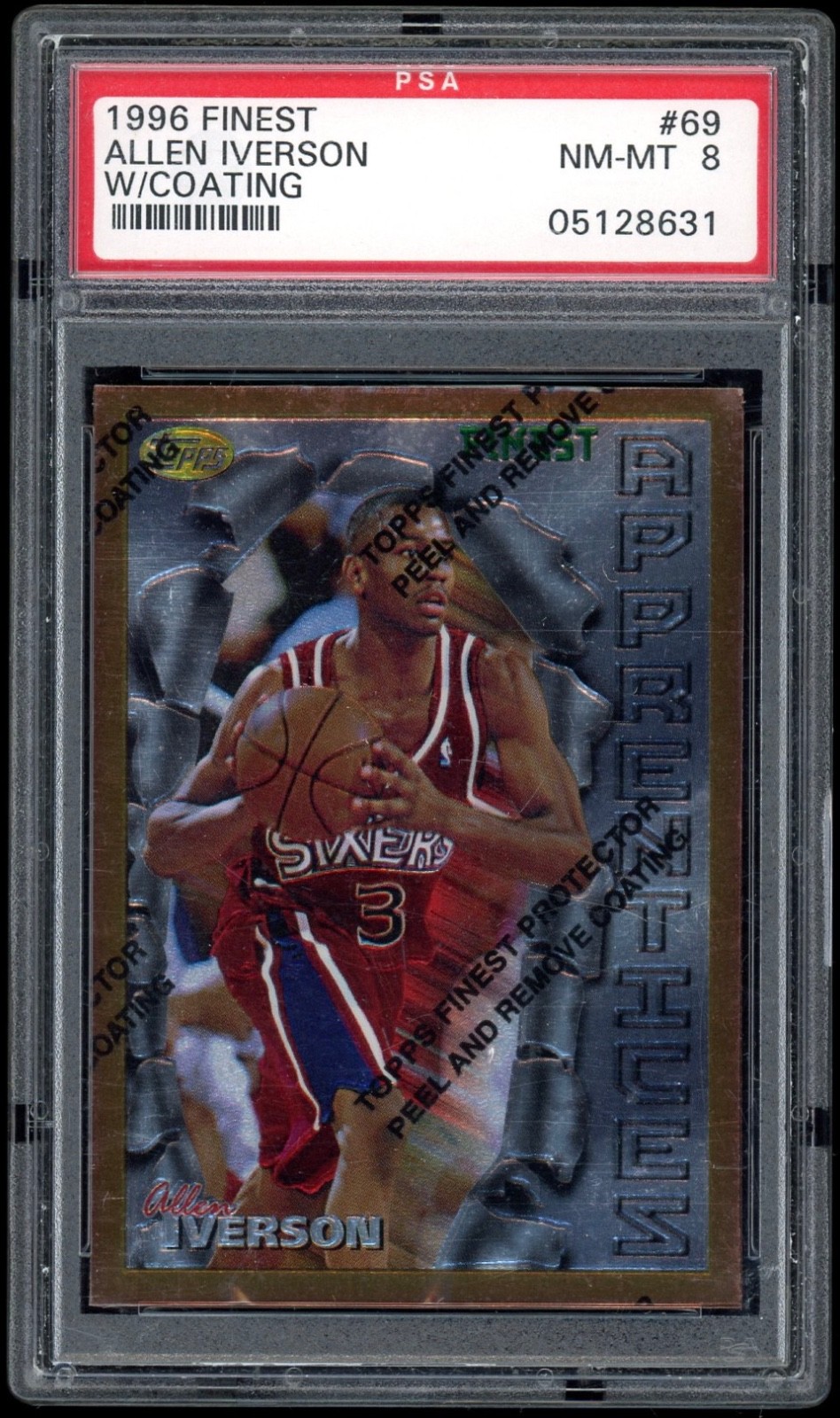 1996-97 Topps Finest #69 ALLEN IVERSON RC Rookie Card w/ Coating PSA 8 NM-MT