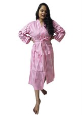 Indian Pink Striped Printed Bathrobe with Adjustable Belt - 48 inch