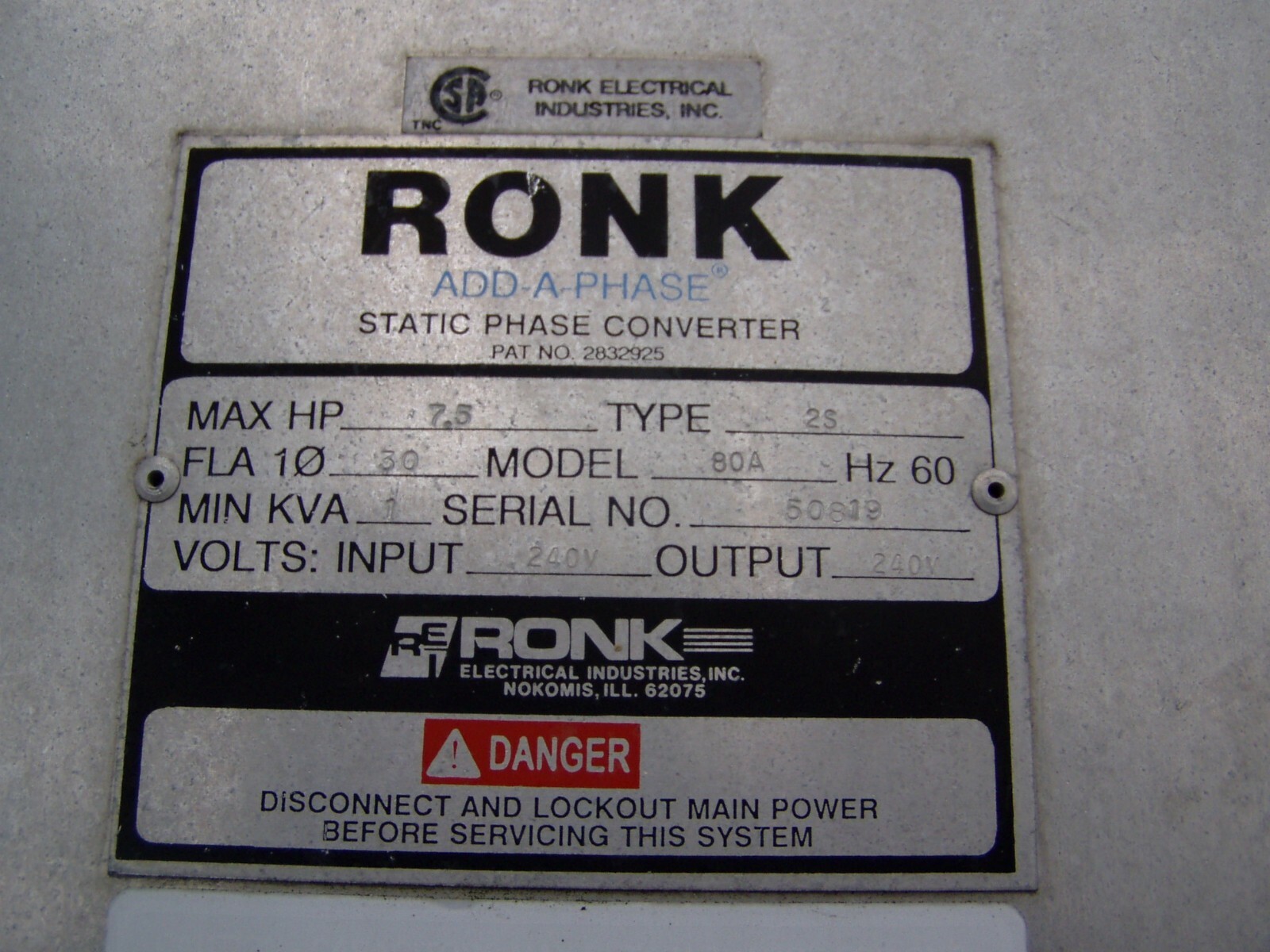 Ronk 240 volt 5 to 7.5 HP ADDAPHASE Static Phase Converter Model 80A