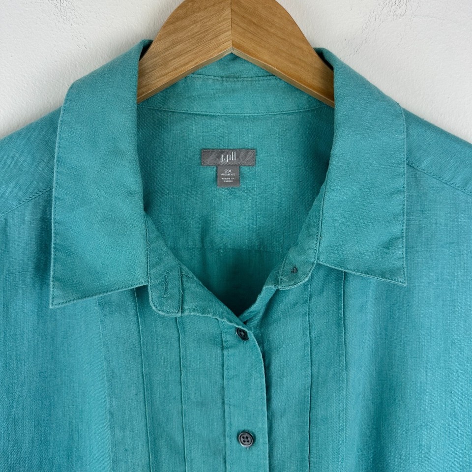 J.Jill Women's 2X Linen Aqua Blue Collared Short Sleeve Pin Tuck Button