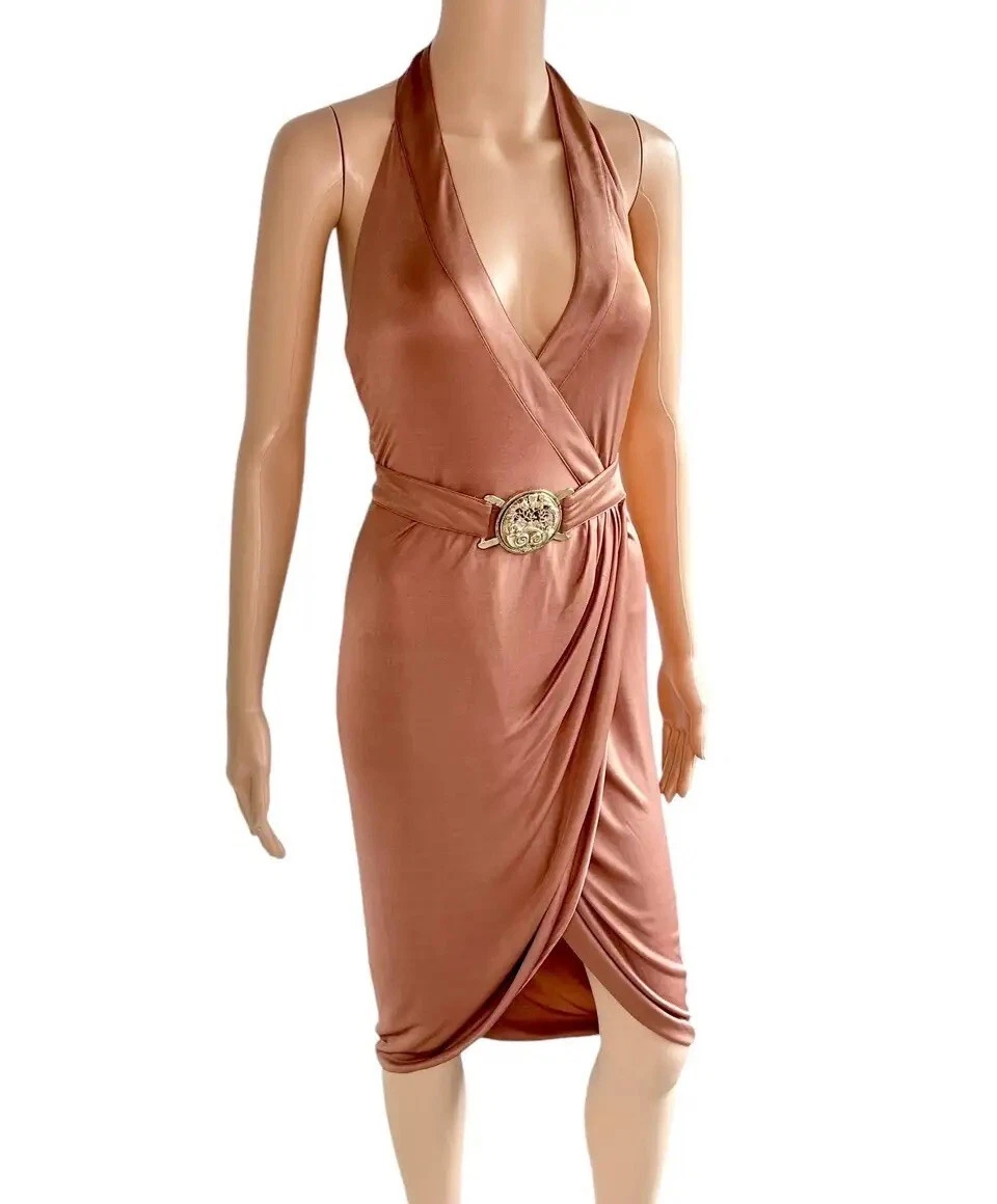 Abito Versace S S 2005 Runway Logo Cintura Tuffo Senza Schienale Avvolgente