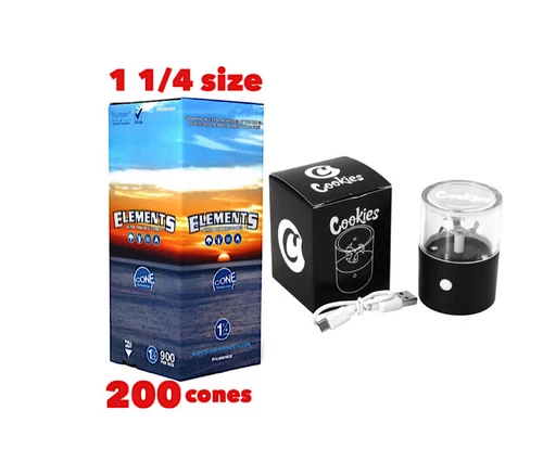 elements organic rice cone 1 1/4 size(200PK)+rechargeable electric grinder - product listing photo