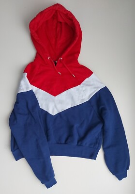 * 3farben Pullover Blau Rot Weiß Fishbone Sister XXS 32 34 Crop Kapuze
