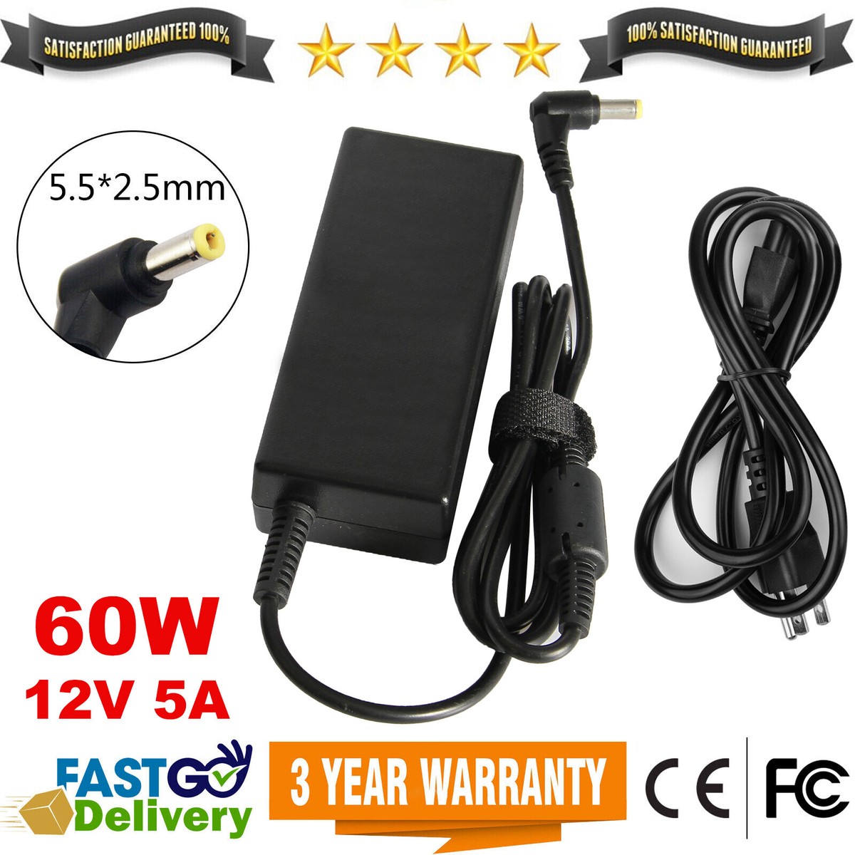 60W 12 Volt 5 A AC to DC Adapter Charger Power Supply Cord LCD 