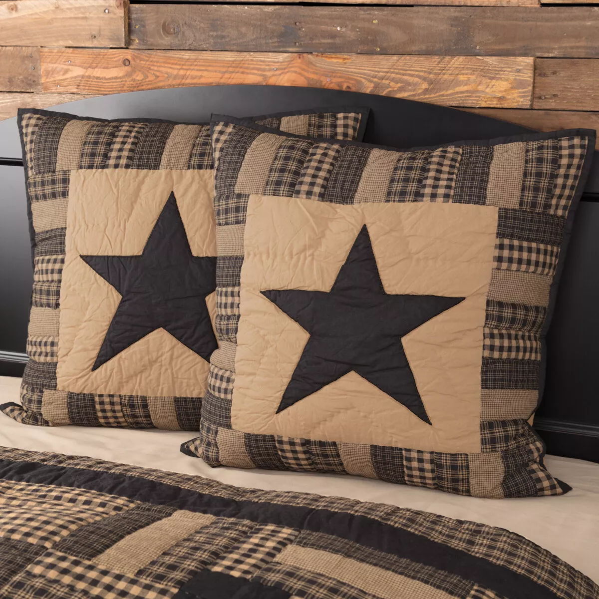 VHC Brands Primitive Euro Sham Black Appliqued Check Star Cotton