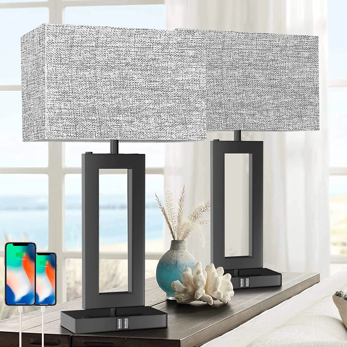 22 Tall Set of 2 Touch Control Table Lamp W. 2 USB Ports 3 Way