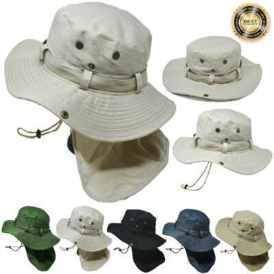 Unisex Bucket Boonie Hat Neck Cover Flap Sun Wide Brim Fishing Solid Outdoor Cap