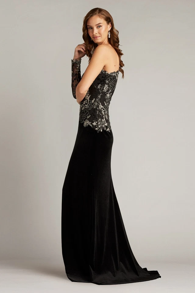 Vestido Tadashi Shoji Negro Encaje Corpiño Un Hombro Terciopelo Talla 12 $478 Foto 2 de 4