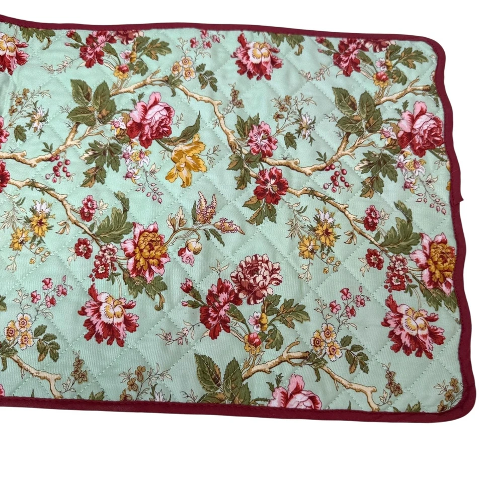 WAVERLY Table Runner Mint Green Red Floral Reversible 34" Long Cotton Quilted - Image 2 of 4
