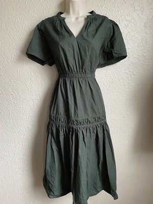 Sugarlips Xoe Split Neck Poplin Tiered Midi Dress Hunter Green Size M