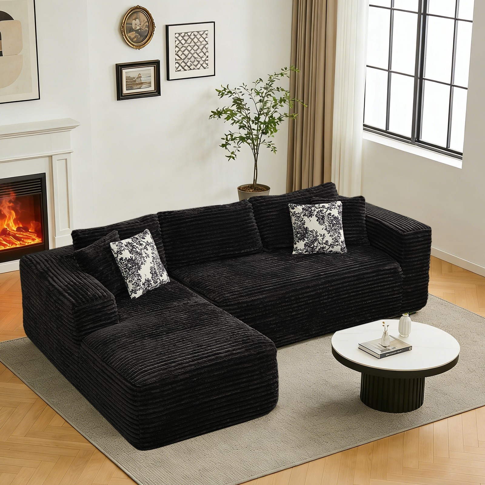 L Shaped Corduroy Sofa Cloud Couch Compression Boneless Sofas w/ 4 Throw Pillows