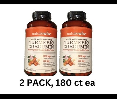 2 Pack Naturewise Organic Turmeric Curcumin 180 Ct 2250mg Exp 07/2027 & 02/2028