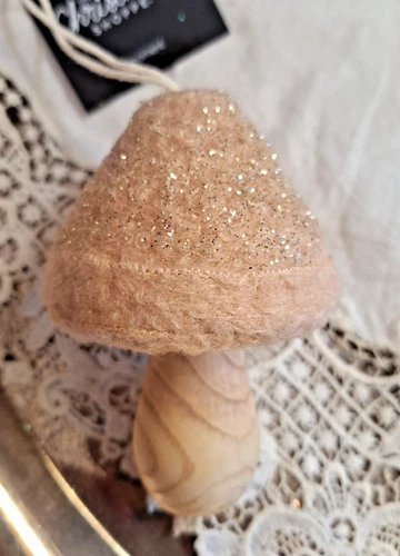 Wooden Mushroom Christmas Ornament Pale Pink Wool with Silver Accent Glitter NEW