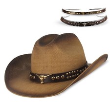 Women  s Cowgirl Hat   Paper Braided Cowboy Hat with 2 Bands, Brown black