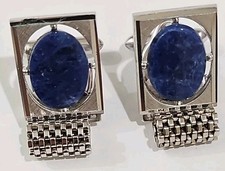 Vintage Blue Cabochon SWANK Cufflinks ST Mesh Wrap Around Statement Modernist