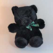 Playful Pals Black Bear Stuffed Animal with Green Plaid Bow