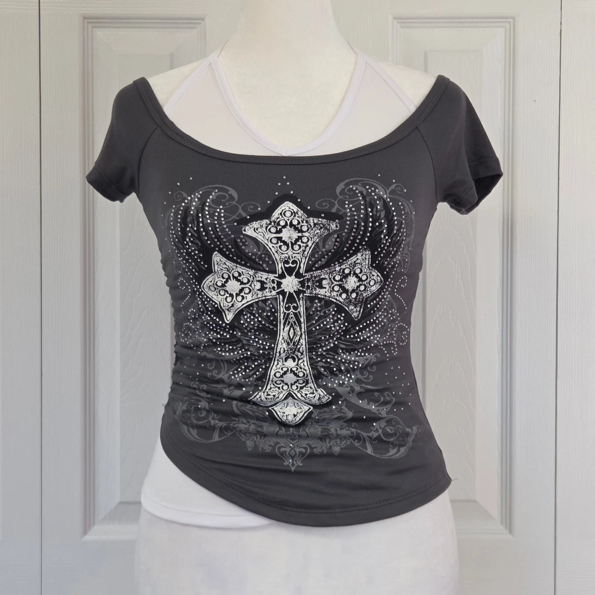 Gray Angel Wings & Cross Off Shoulder Halter Top Size XS Y2K Grunge Rhinestone